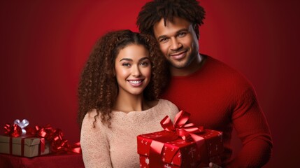Happy Couple Sharing Romantic Christmas Gift on Red Background