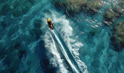 Create a high-energy scene of a jet ski racing across crystal-clear waters from an aerial perspective, showcasing photorealistic waves and splashes in digital 3D rendering