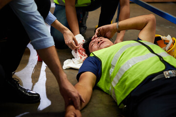 senior worker fell over and his head is bleeding on the floor in the factory