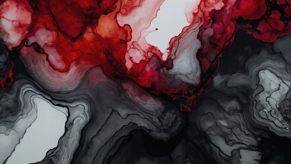 Charcoal black and ruby red abstract background made with alcohol ink technique, bright white veins texture.