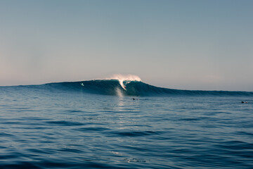 A group of professional surfers have fun riding giant waves