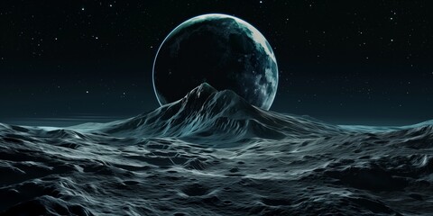 Cosmic Wallpaper of Mountainous Lunar Landscape, Distant Earth Rising Over Alien Terrain Under Starry Sky