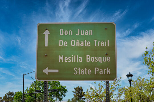Sign for Don Juan De Onate Trail and Mesilla Bosque State Park on Rte 28 in Mesilla NM
