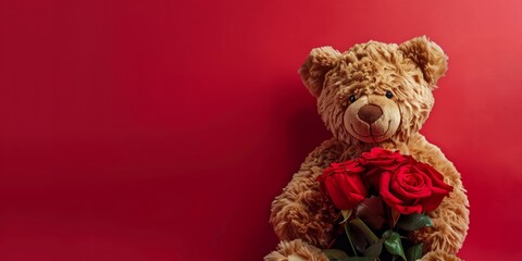 Adorable Teddy Bear with Red Roses, Love-Themed Stuffed Animal on Bold Red Background for Romantic Gifts
