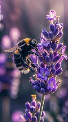 Vertical AI illustration bumblebee on lavender flowers in delicate daylight. Animals concept.