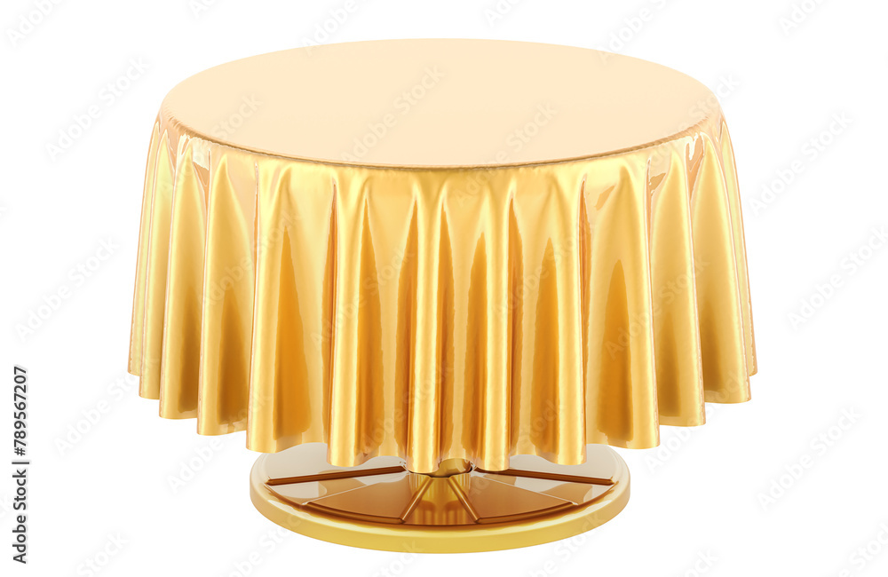 Poster empty round table with golden table cloth. 3d rendering isolated on transparent background