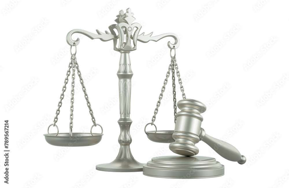 Poster metallic scales of justice with gavel, 3d rendering isolated on transparent background
