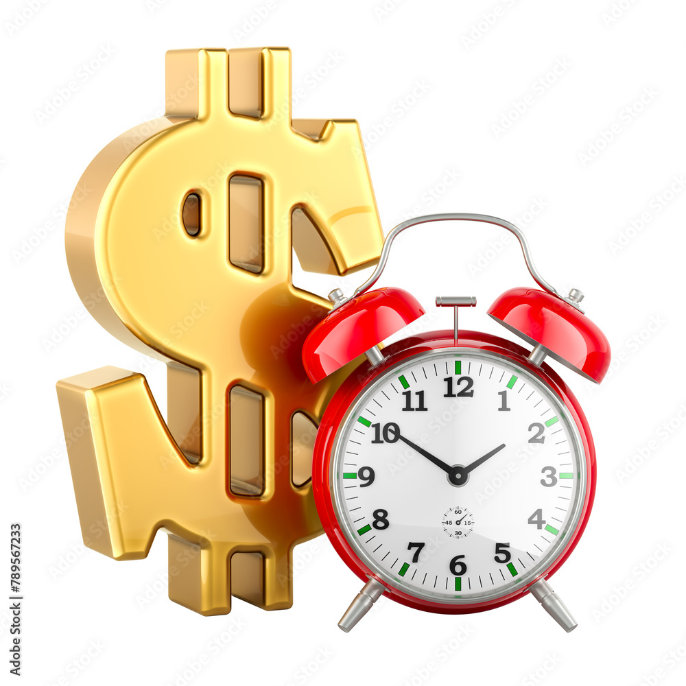 Poster dollar symbol with alarm clock, make money concept. 3d rendering isolated on transparent background