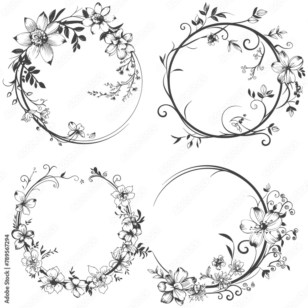 Wall mural floral round line frames wedding invitation element black color only - Wall murals
