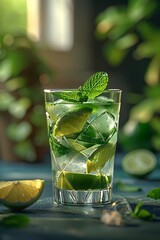 Two tall glasses of a green drink with mint leaves on top. The drink is served on a wooden table