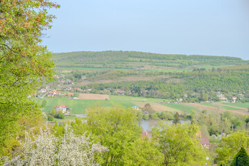 view of a small spring village. Top view of traditional housing estate in Czech.