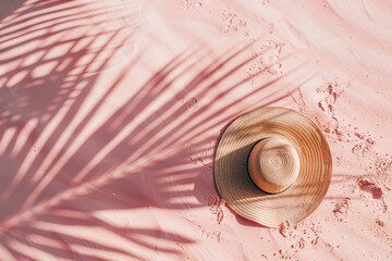 straw hat on sand, pink sand, beach, straw hat on beach, vacation - obrazy, fototapety, plakaty