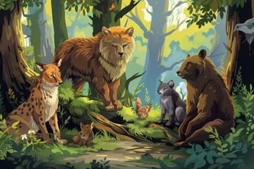 Poster Illustration of a cartoon children's fairy tale about animals. Majestic woodland scene with a diverse animal kingdom, including a lynx and wise bear, under a lush tree canopy © Truprint
