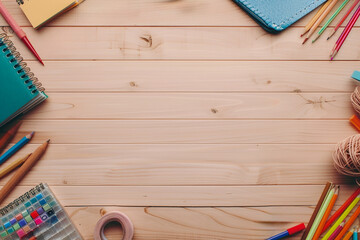 School supplies on a wooden background. Office desk. Flat lay background.