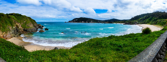 Panorama of the maritime coast of Galicia, northern Spain. Blue sea. Cantabrian sea and cliffs....