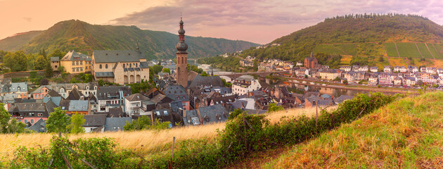 Aerial panoramic view of sunny Cochem, beautiful town on romantic Moselle river, Germany - obrazy, fototapety, plakaty