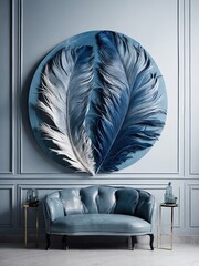 Blue with silver. marble background with a voluminous feather pattern. Wall panel. Interior