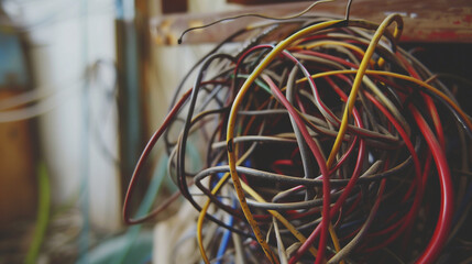 Wired Workspace, Cable Arrangement on the Table,Tabletop Tech,Organized Cable Setup for Workstation,Cable Connection, Arrangement of Wires on the Table Surface,Desk Details, Cables Neatly Laid.