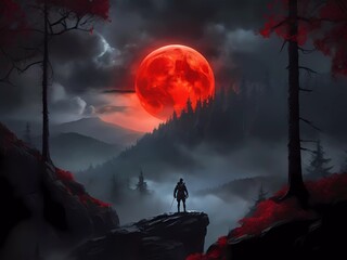 zombie in the woods, Dark misty forest, lone figure on a cliff, glowing red eyes, moon above. 
