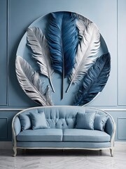Blue with silver. marble background with a voluminous feather pattern. Wall panel. Interior