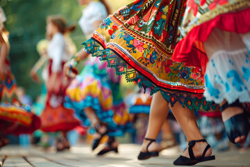 Close-up of Traditional Midsummer Dance. footwork and movement of dancers in traditional attire.