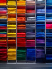 The garments and accessories are neatly arranged on shelves, creating a vibrant and colorful display in the clothing store 8K , high-resolution, ultra HD,up32K HD