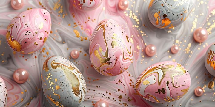 A bunch of eggs with gold and pink polka dots on them. The eggs are scattered around a blue background