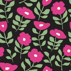 Fuchsia vintage simple flower seamless repeat pattern with black background