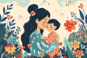 Mother reading book to her daughter in bed, flat vector illustration with pastel colors and floral elements, warm tones, pastel background, high resolution in the style of floral elements