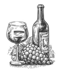 Ripe grapes, wine bottle and wine glass isolated on white background. Sketch vintage vector illustration