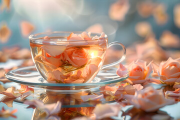 Floral Tea or Infusion - a cup of floral tea or infusion with petals floating, reflecting relaxation and enjoyment. Copy space.