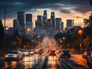 Busy city street at twilight with glowing skyline - obrazy, fototapety, plakaty
