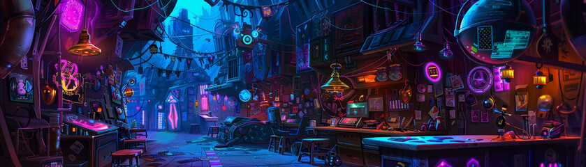 A dark and seedy bar, with neon lights and a variety of strange and unusual characters.