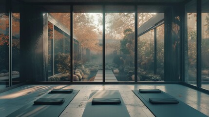 Fototapeta premium A quiet, minimalist yoga studio with floor-to-ceiling windows overlooking a peaceful garden, with individuals practicing mindfulness yoga
