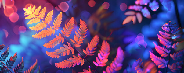 Magical pattern with magenta neon glowing fern leaves. An atmosphere of Midsummer magic.