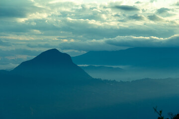 Blue panorama of the Andes Mountains from the Cerro las Nubes, Mount of the Clouds, in Jerico,...