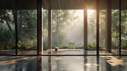 A quiet, minimalist yoga studio with floor-to-ceiling windows overlooking a peaceful garden, with individuals practicing mindfulness yoga