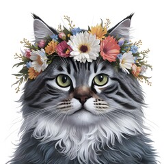 oriental bicolor cat with a flower crown