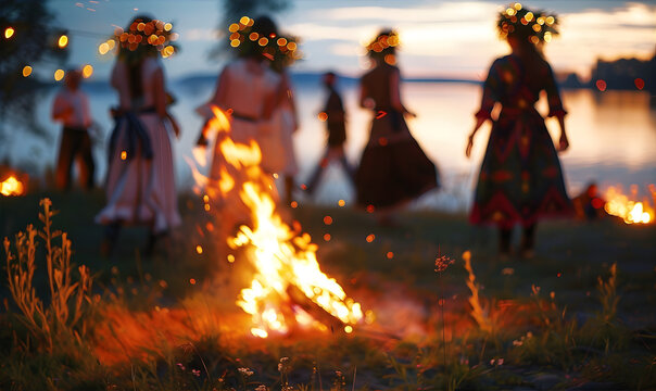 People dancing around a Midsummer Bonfire wearing traditional wreaths on their heads. Midsummer celebration concept.
