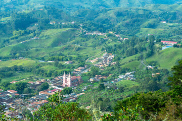 Obraz premium Panorama of the colonial village, pueblo, of Jerico, Jericó, Antioquia, Colombia, in the Andes Mountains. From the Cerro las Nubes, Mount of the Clouds.