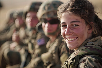 A young female soldier smiling, dressed in military uniform, alongside fellow soldiers on a mission