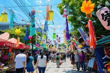 A bustling street during the Tanabata festival