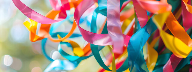Close-up of Ribbons and Maypole. Macro of colorful ribbons fluttering around a festive Maypole. Banner for Midsommar, Jaanipaev, Jonsok greeting card with copy space.