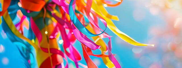 Close-up of Ribbons and Maypole. Macro of colorful ribbons fluttering around a festive Maypole. Banner for Midsommar, Jaanipaev, Jonsok greeting card with copy space. - obrazy, fototapety, plakaty