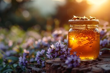 A captivating image of a jar filled with golden honey surrounded by buzzing bees and purple flowers