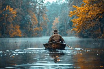 A tranquil scene of a lone fisherman fishing in a small boat on a calm lake surrounded by autumnal...