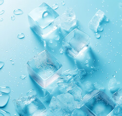 Obraz premium Several ice cubes are scattered on a light blue matte background, and drops of water float around them.