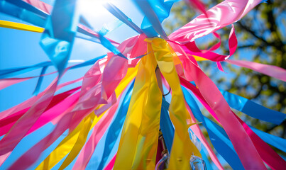 Close-up of Ribbons and Maypole. Macro of colorful ribbons fluttering around a festive Maypole. background for Midsommar greeting card.