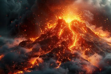 Global warming concept. Volcanoes, flood, fire on planet earth, climate warning - obrazy, fototapety, plakaty