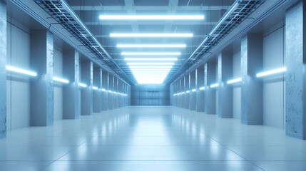 3d render of empty warehouse interior with blue light and reflections.
